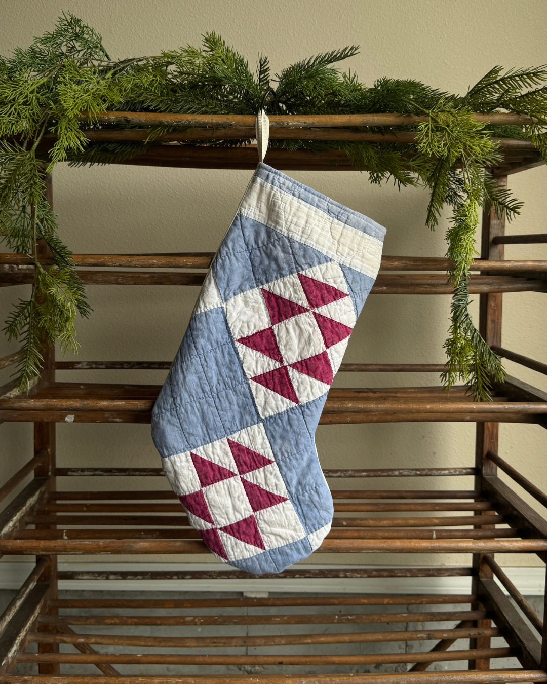 Dusty Blue/Burgundy Patchwork Quilt Stocking (01)